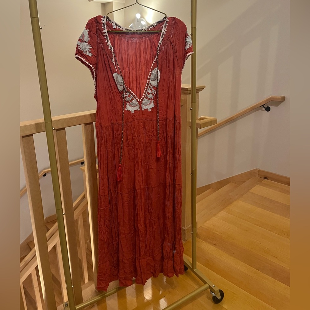 Free People Red Maxi Dress with Embroidered Details